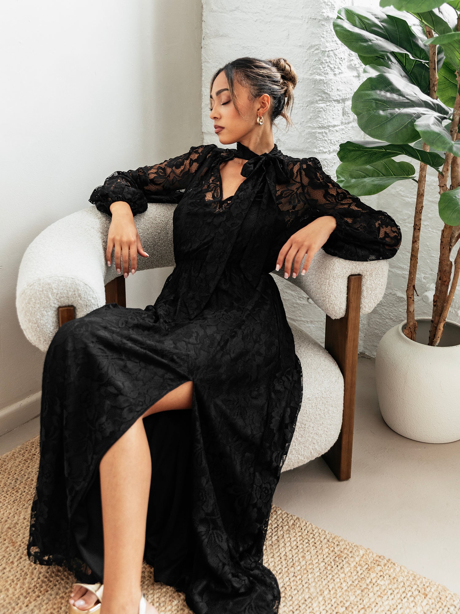 Maya Black Tie Neck Long Sleeve Lace Maxi Dress – Plaza Collection