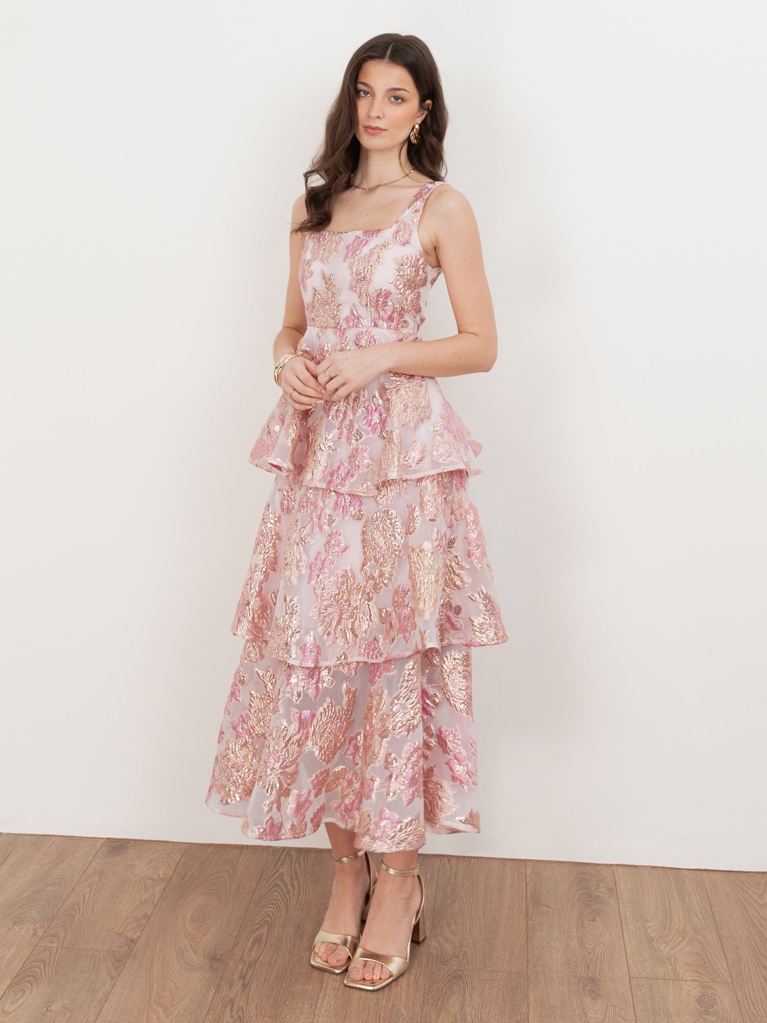 Maya Pink Floral Jacquard Square Neck Tiered Midi Dress  Plaza Collection