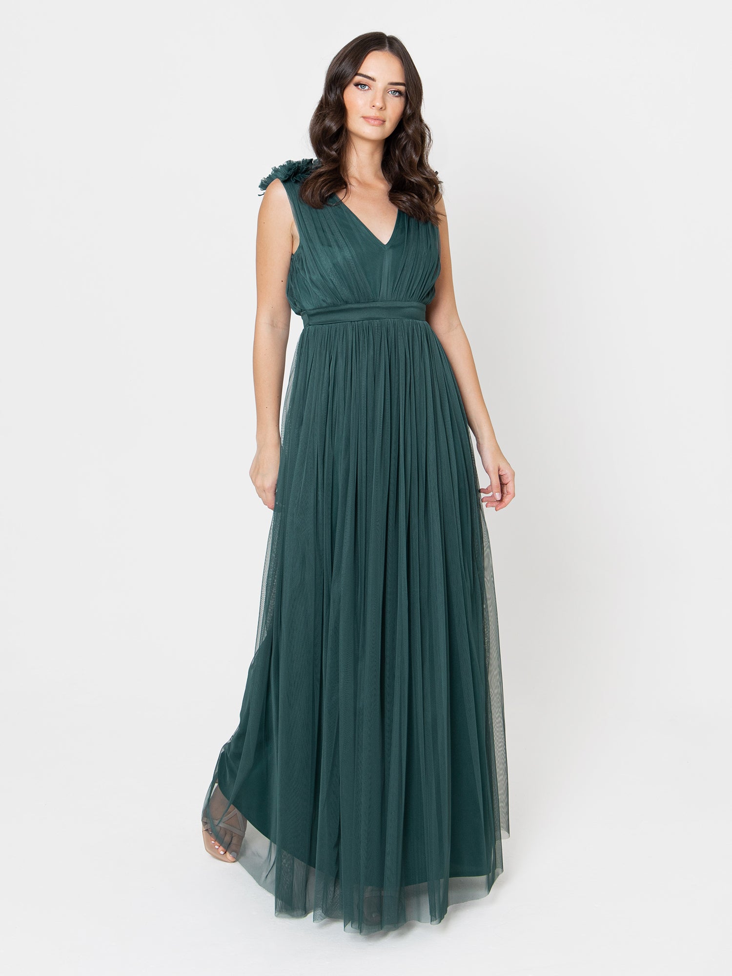 Maya Emerald Green Maxi Dress With Ruffle Shoulder Detail