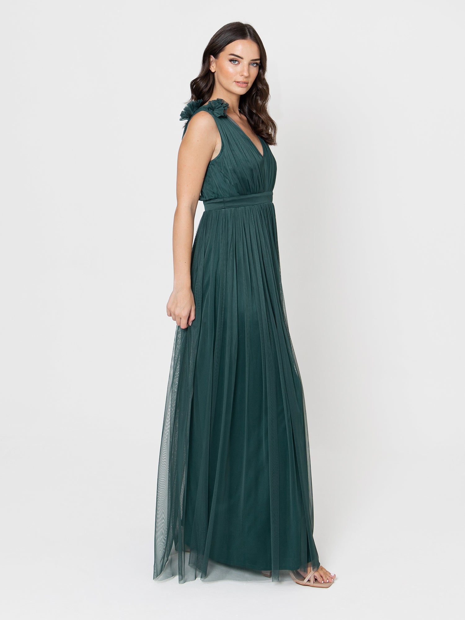 Maya Emerald Green Maxi Dress With Ruffle Shoulder Detail