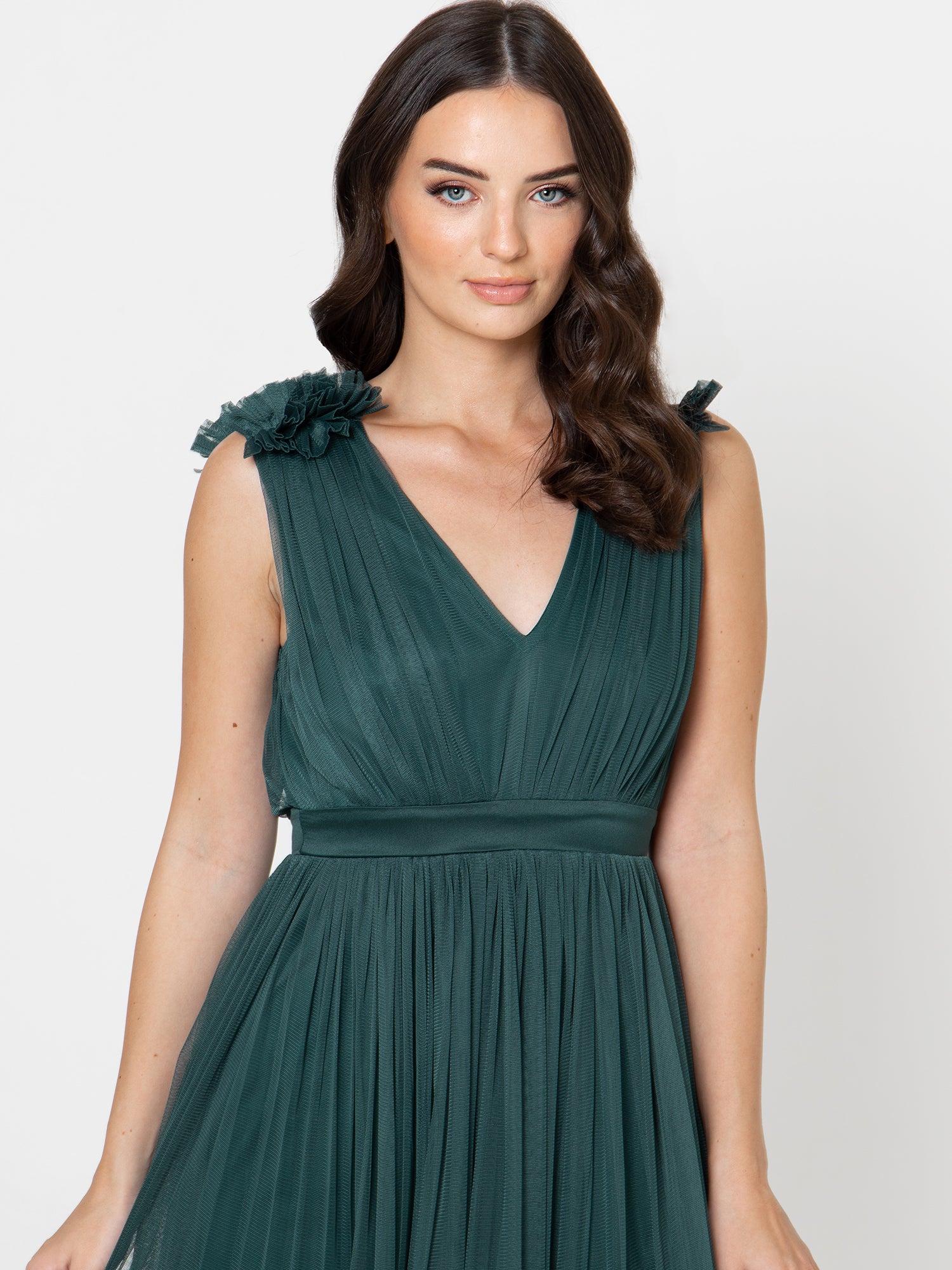 Maya Emerald Green Maxi Dress With Ruffle Shoulder Detail