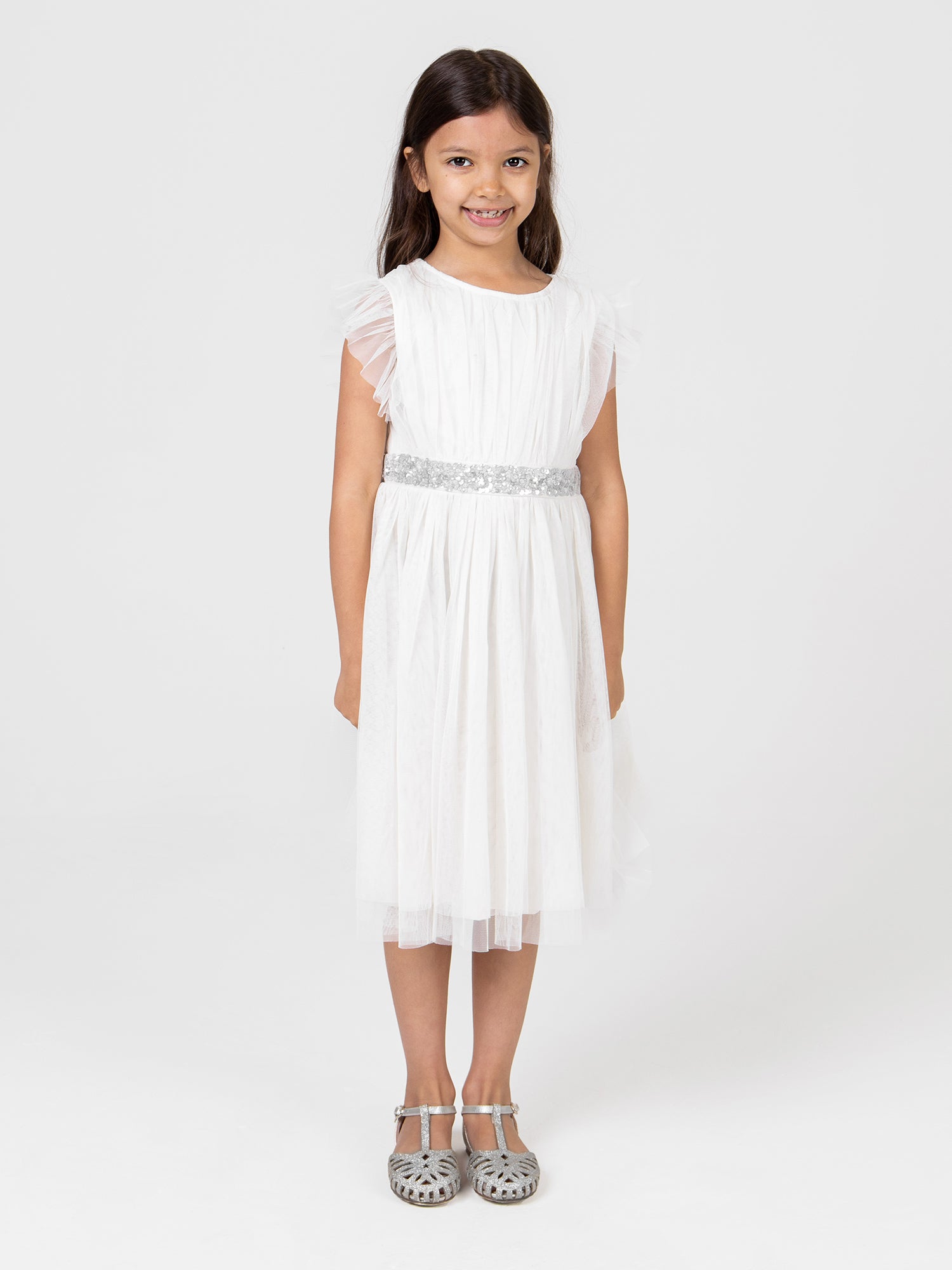 Mini Maya Ivory Midi Dress with Frill Sleeves and Embellished Waist