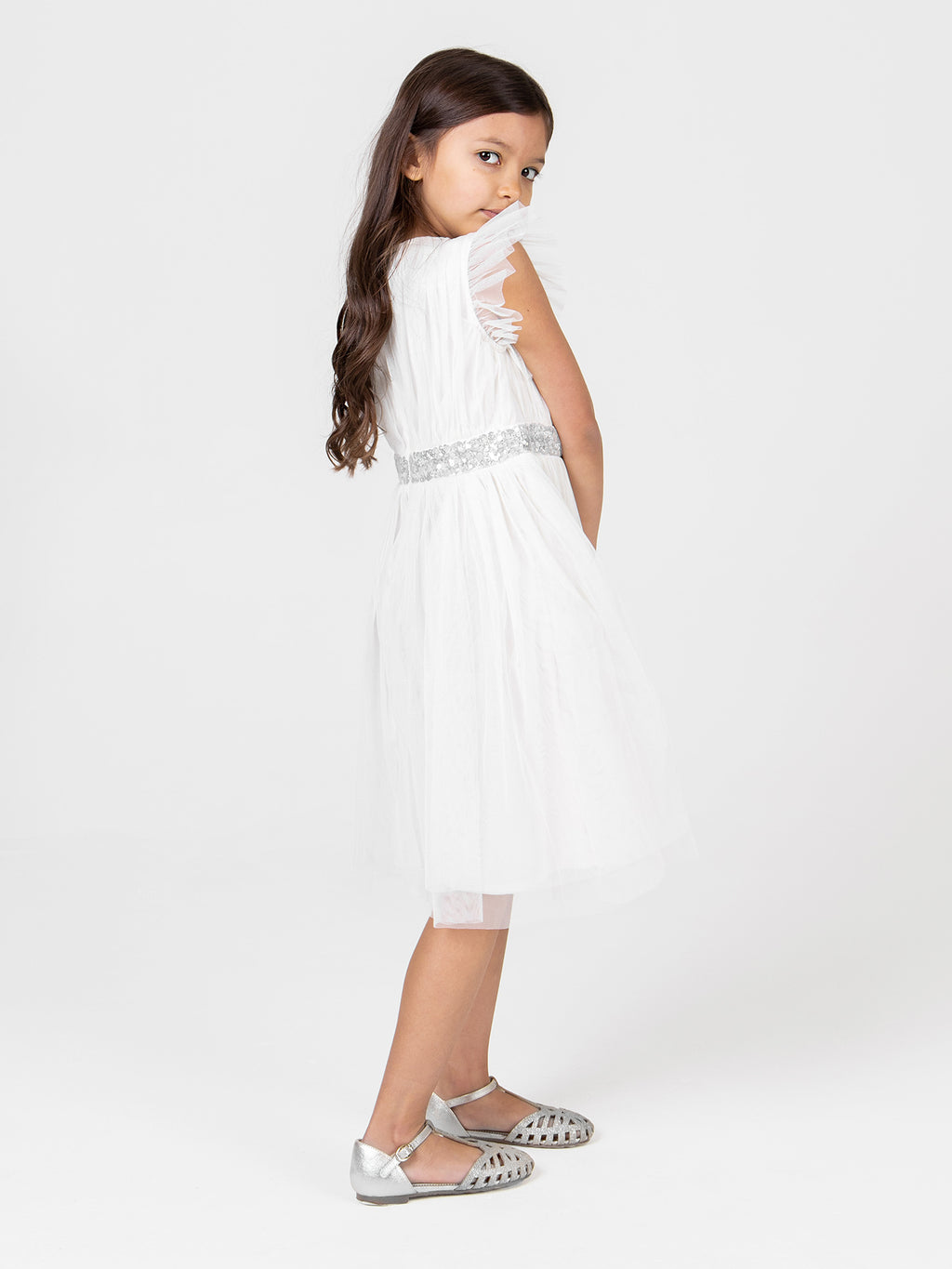 Mini Maya Ivory Midi Dress with Frill Sleeves and Embellished Waist
