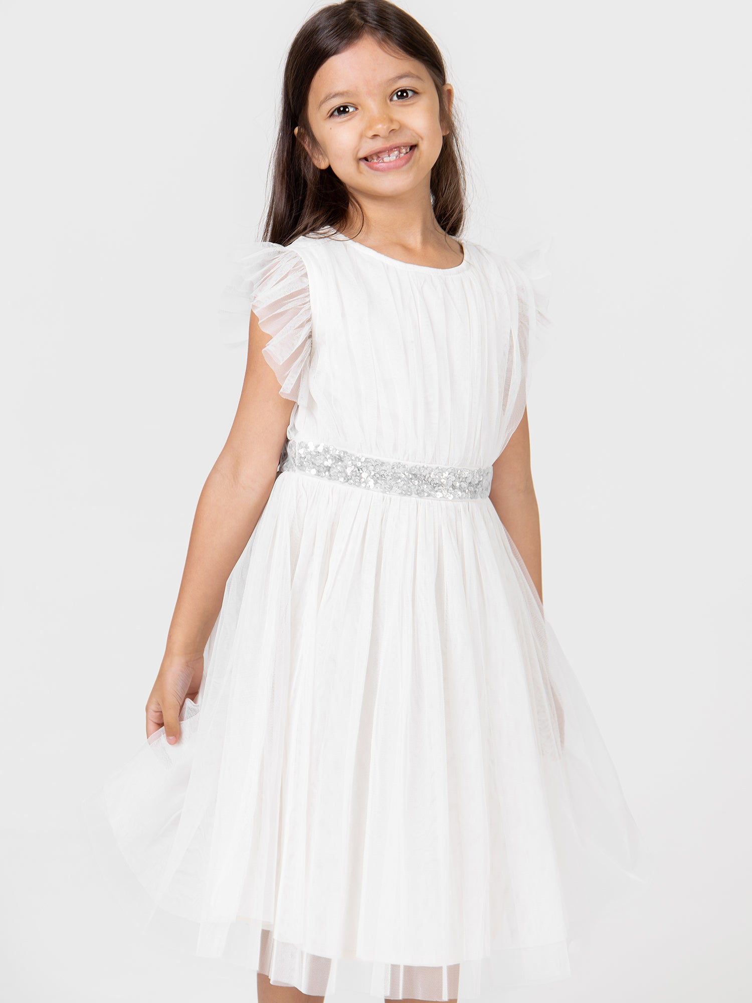 Mini Maya Ivory Midi Dress with Frill Sleeves and Embellished Waist