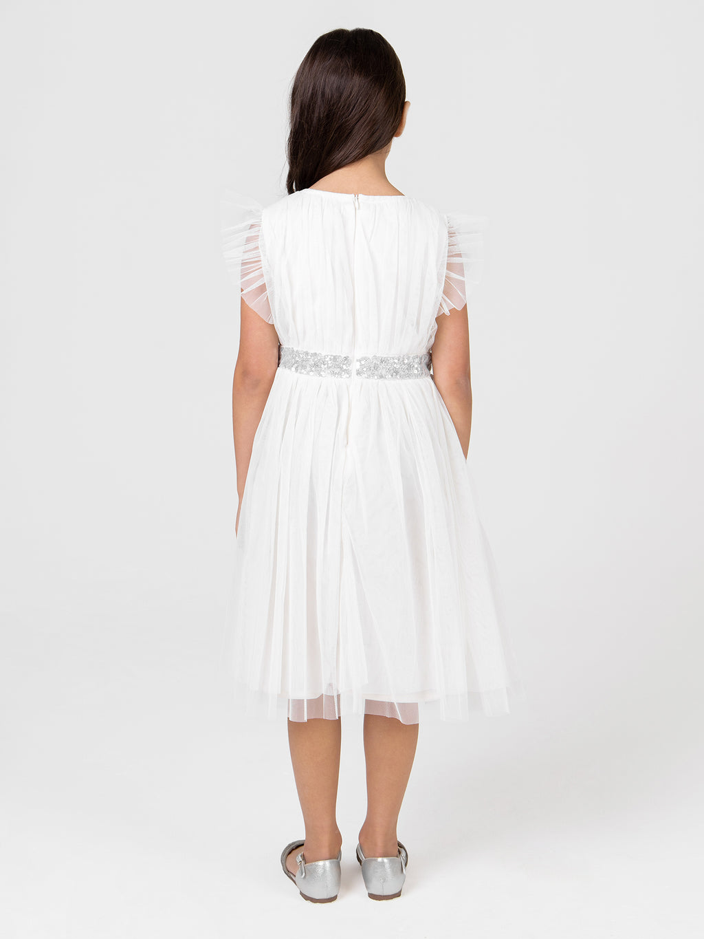 Mini Maya Ivory Midi Dress with Frill Sleeves and Embellished Waist