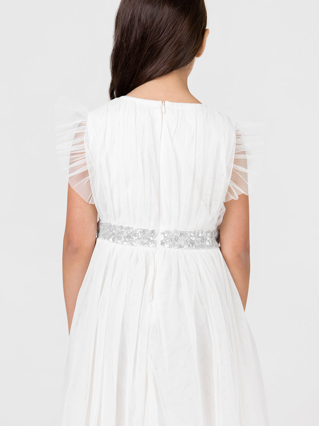 Mini Maya Ivory Midi Dress with Frill Sleeves and Embellished Waist