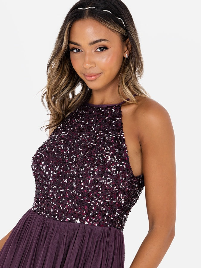 Maya Berry Embellished Halter Neck Maxi Dress