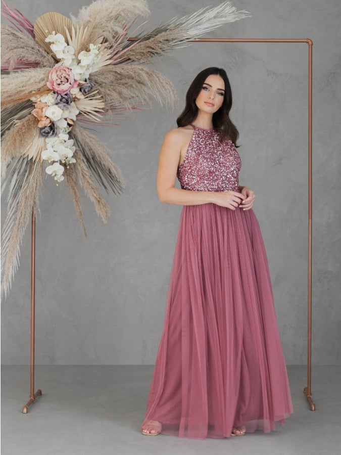 Maya Desert Rose Embellished Halter Neck Maxi Dress
