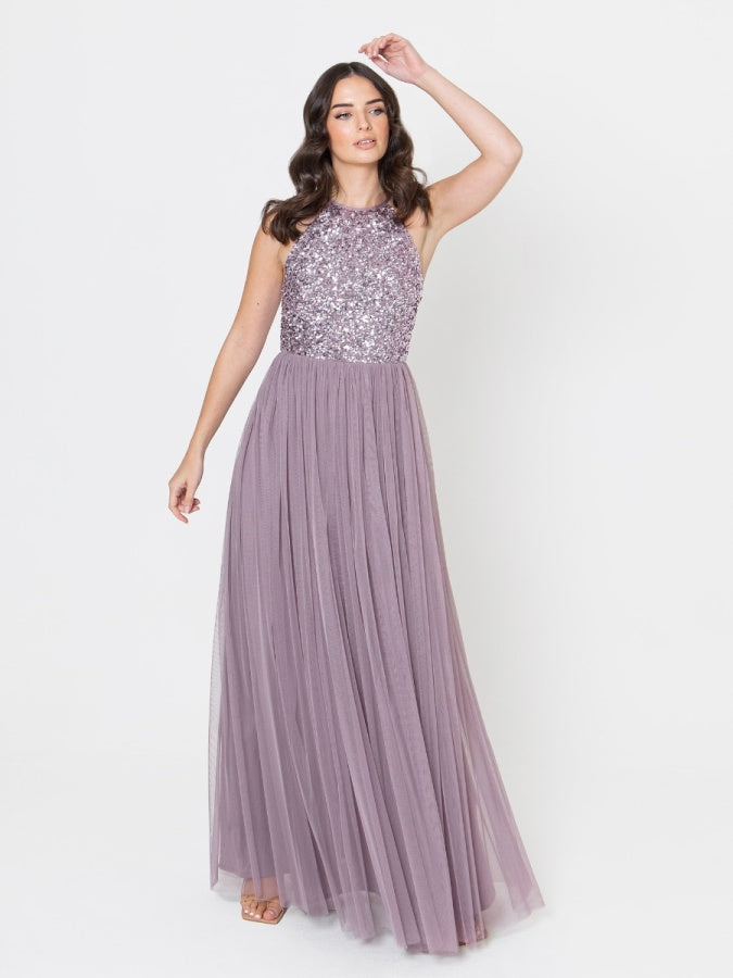 Maya Moody Lilac Embellished Halter Neck Maxi Dress