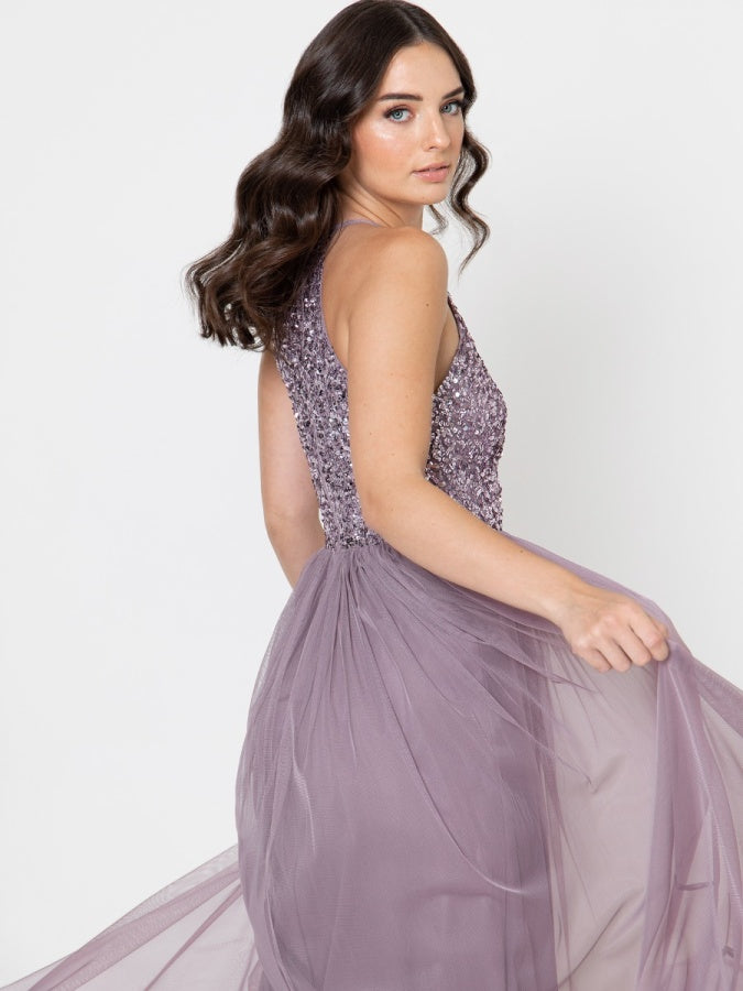 Maya Moody Lilac Embellished Halter Neck Maxi Dress