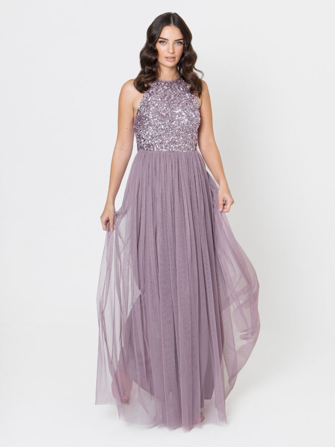 Maya Moody Lilac Embellished Halter Neck Maxi Dress