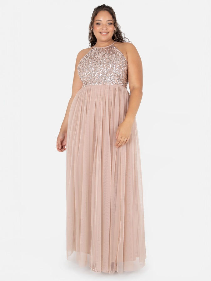 Maya Taupe Blush Embellished Halter Neck Maxi Dress