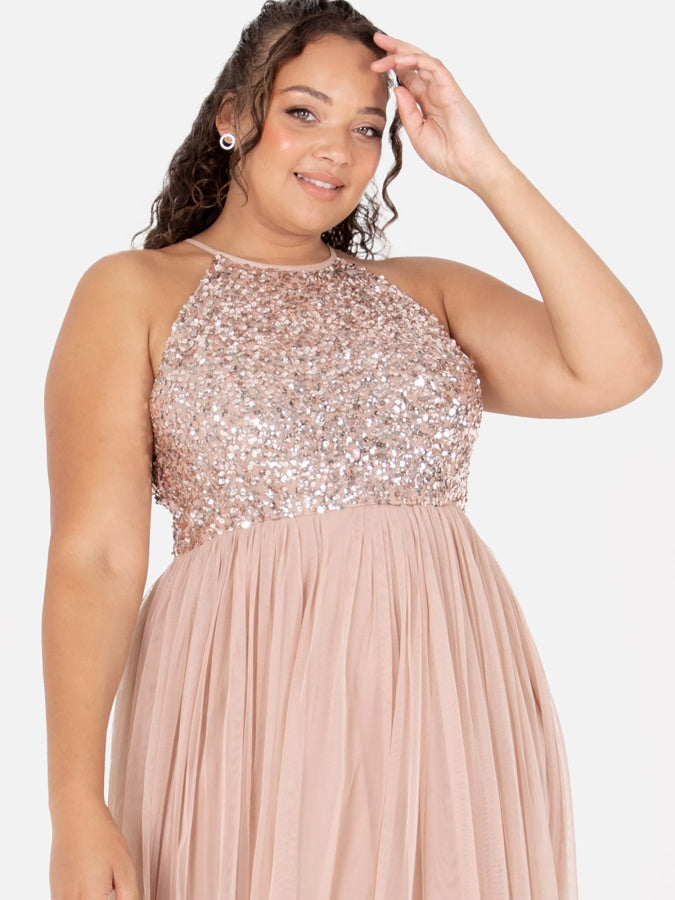 Maya Taupe Blush Embellished Halter Neck Maxi Dress