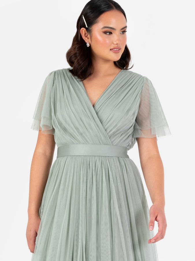 Anaya With Love Recycled Frosty Green Tulle Faux Wrap Short Sleeve Maxi Dress