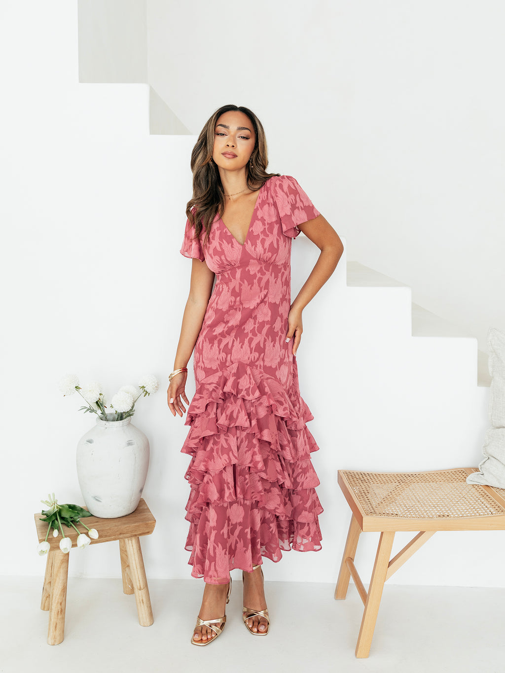 Anaya With Love Garnet Rose Floral Burnout V Neck Short Sleeve Midaxi Dress