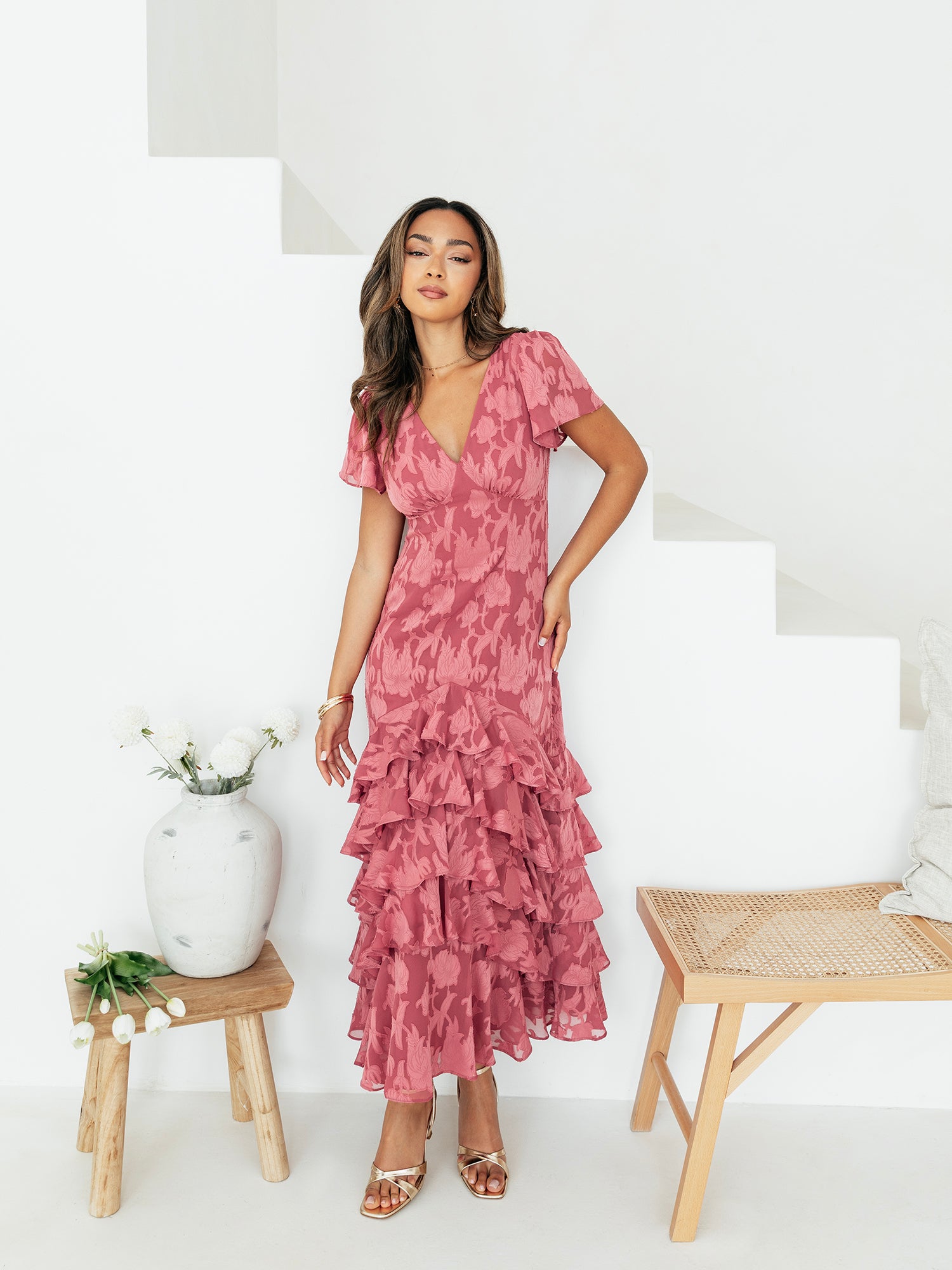 Anaya With Love Garnet Rose Floral Burnout V Neck Short Sleeve Midaxi Dress