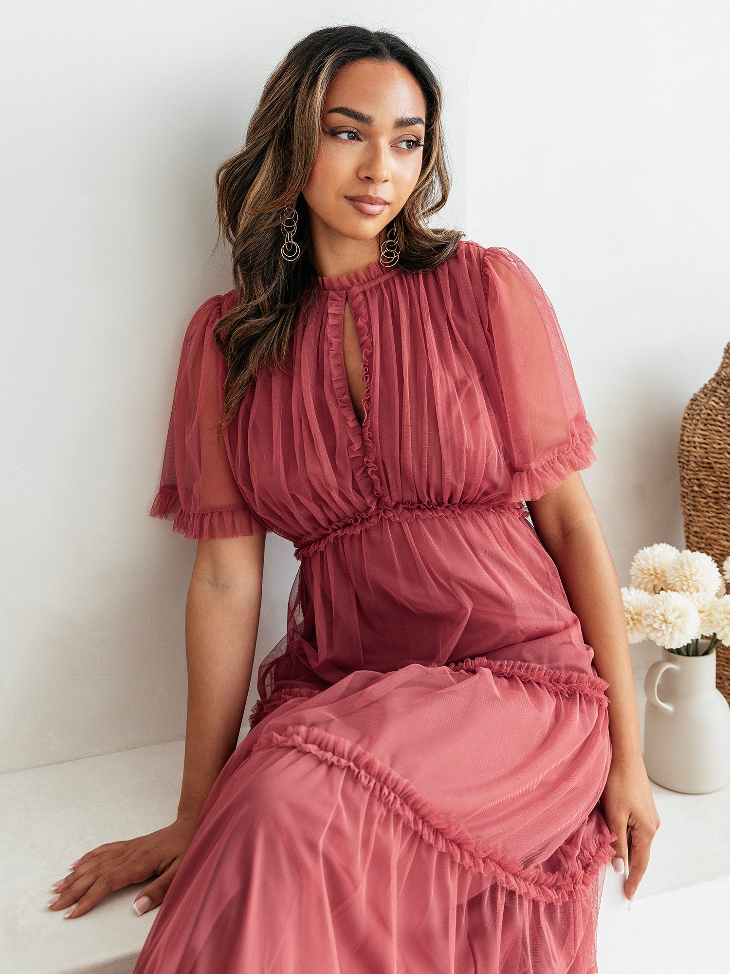 Anaya with Love Garnet Rose Keyhole Detail Short Sleeve Frill Midaxi Dress