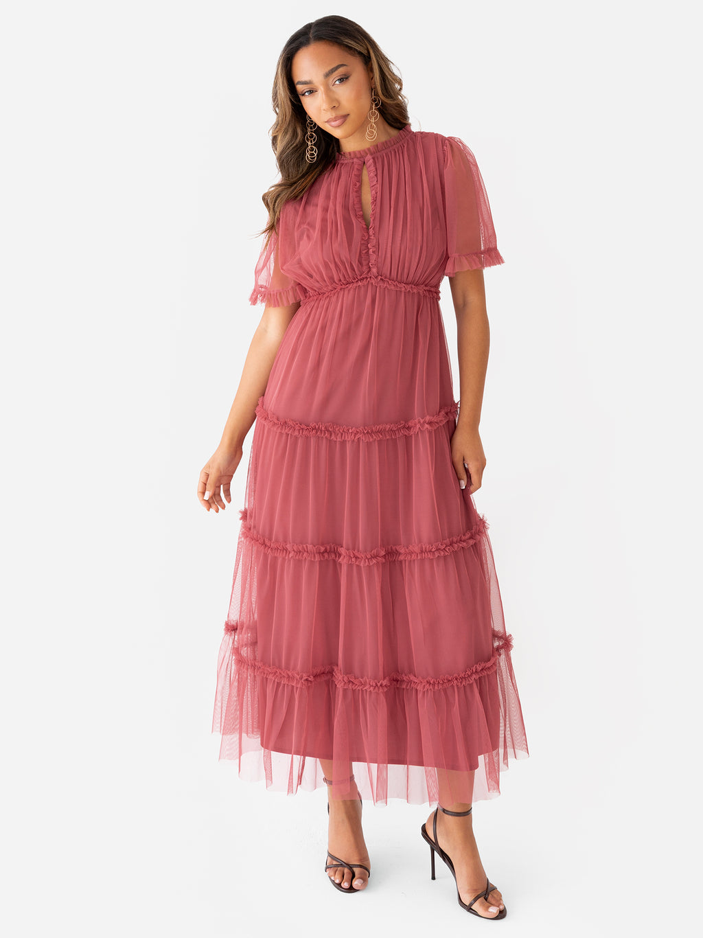 Anaya with Love Garnet Rose Keyhole Detail Short Sleeve Frill Midaxi Dress