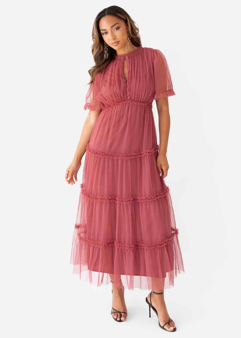 Anaya with Love Garnet Rose Keyhole Detail Short Sleeve Frill Midaxi Dress