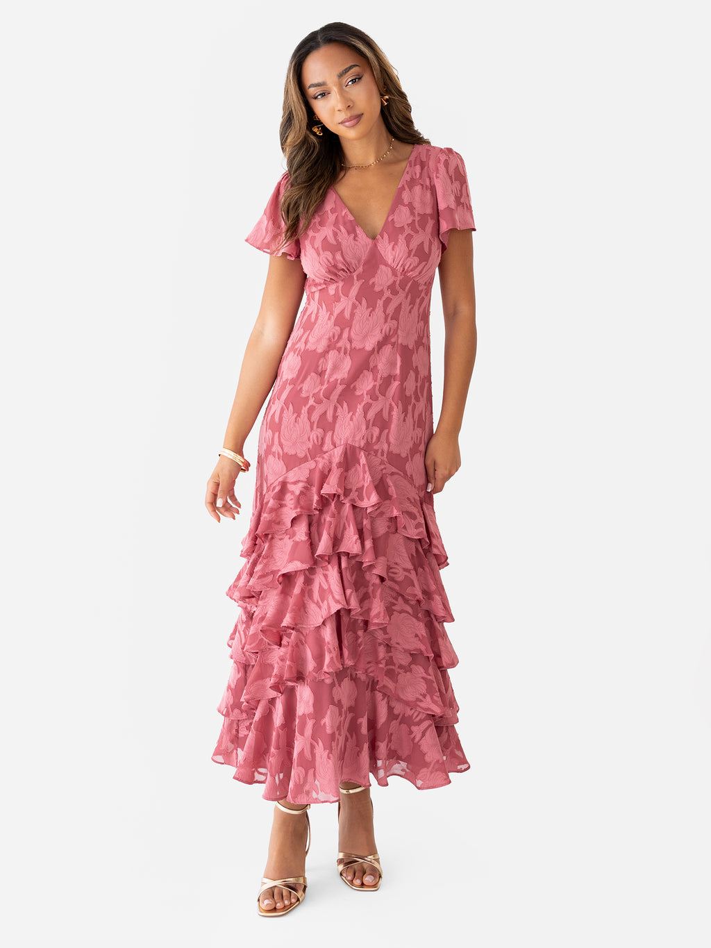 Anaya With Love Garnet Rose Floral Burnout V Neck Short Sleeve Midaxi Dress