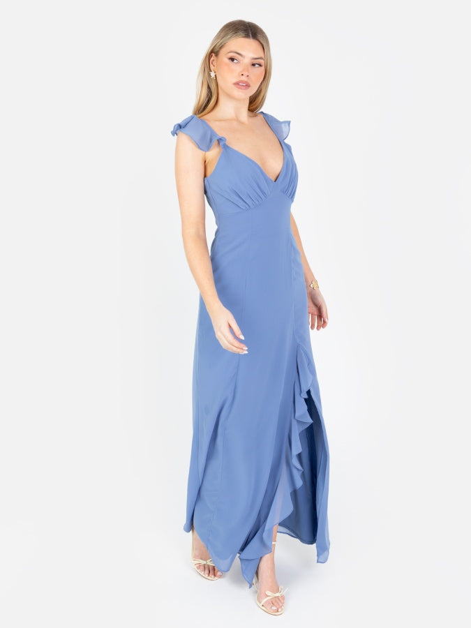 Anaya With Love Ocean Blue Strappy V Neck Maxi Dress with Skirt Split & Ruffle Detail