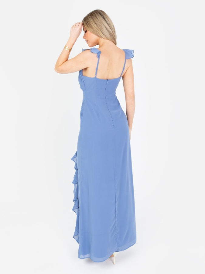 Anaya With Love Ocean Blue Strappy V Neck Maxi Dress with Skirt Split & Ruffle Detail