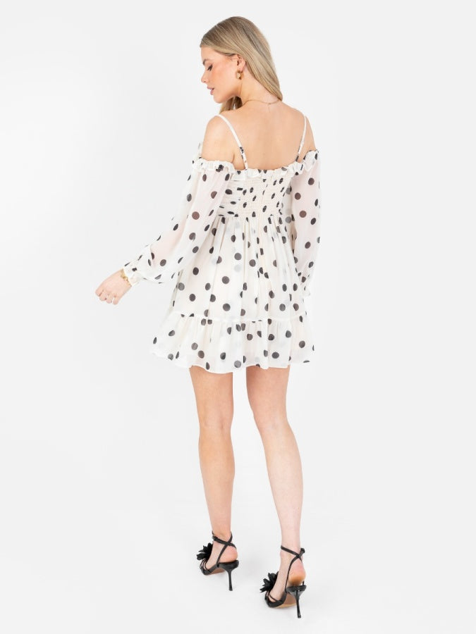 Anaya With Love Polka-Dot Bardot Long Sleeve Mini Dress