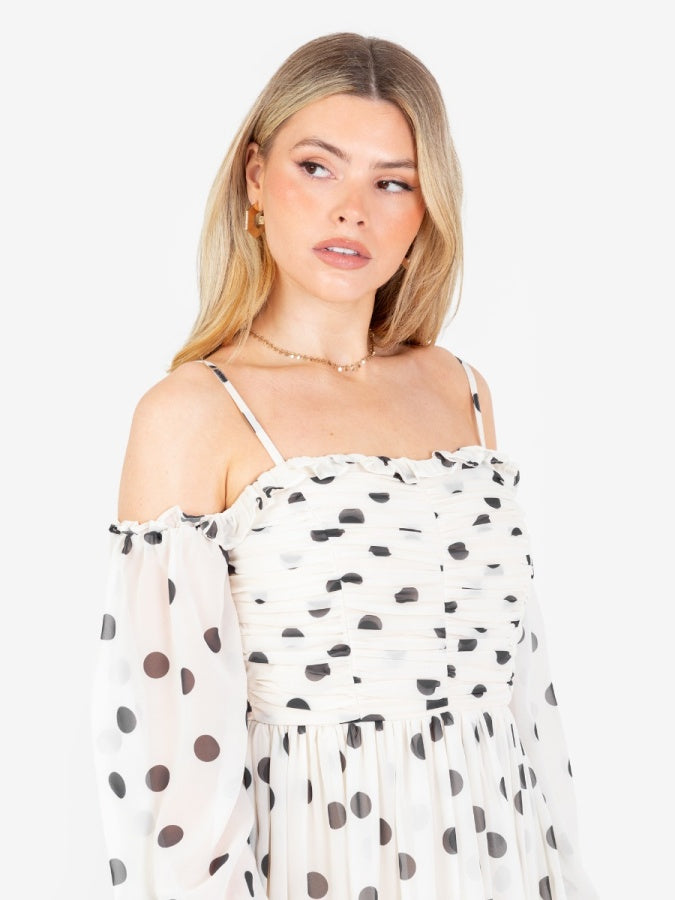 Anaya With Love Polka-Dot Bardot Long Sleeve Mini Dress