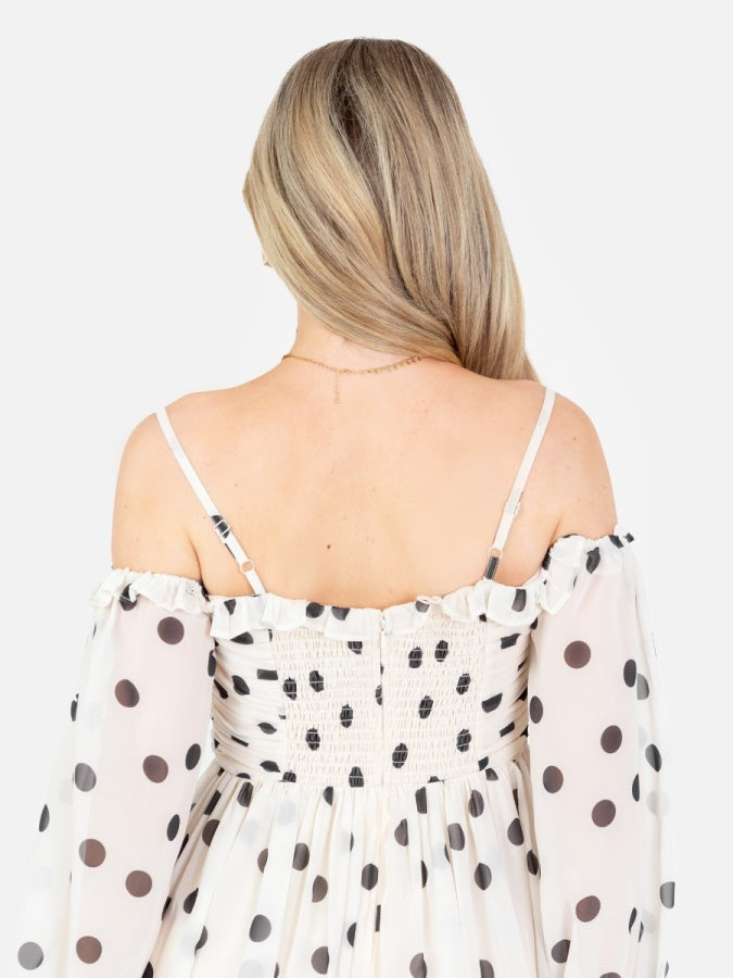 Anaya With Love Polka-Dot Bardot Long Sleeve Mini Dress