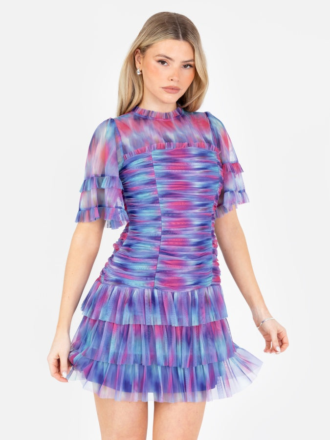 Anaya With Love Recycled Abstract Watercolour Gathered Mini Dress