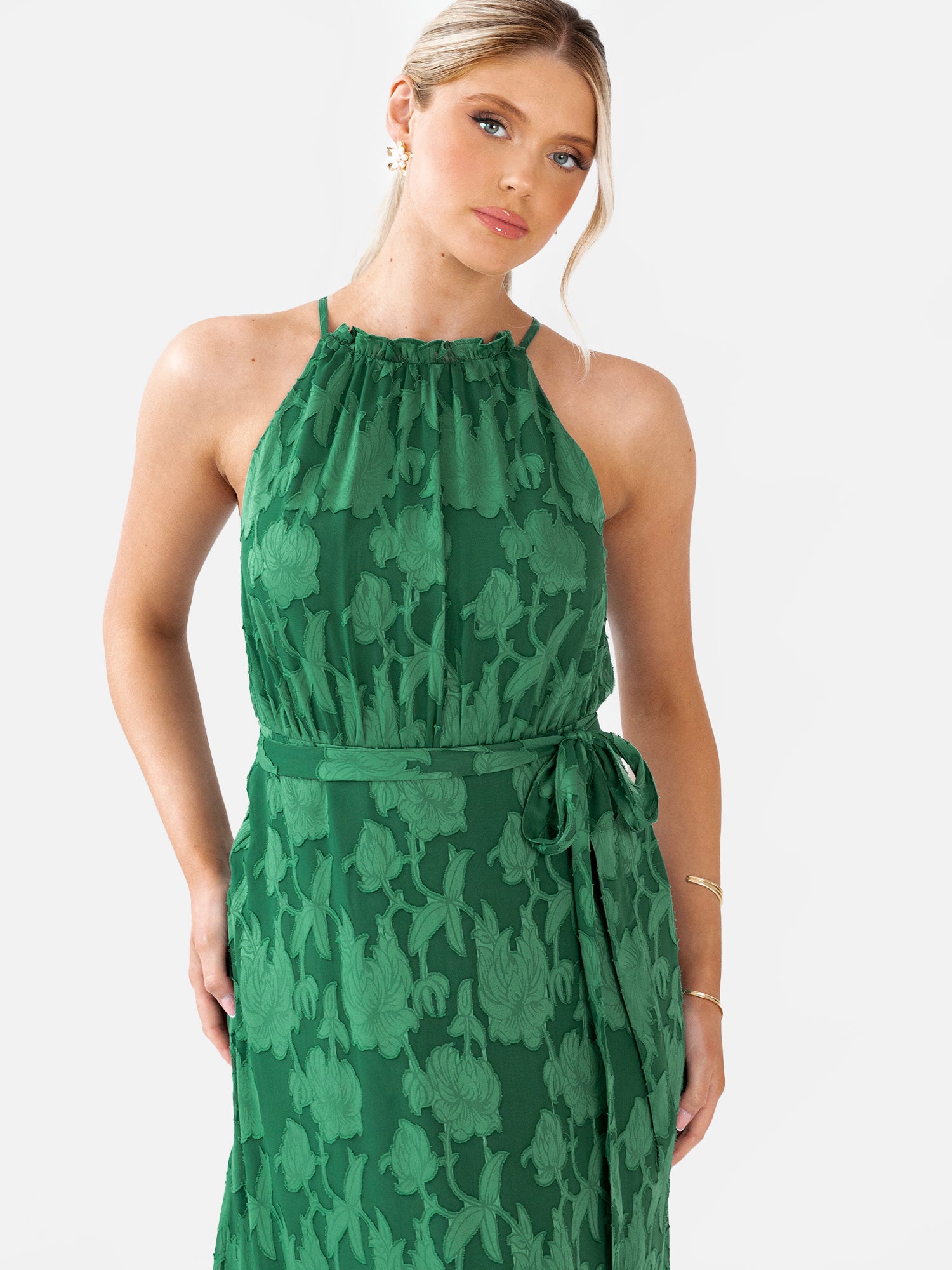 Anaya With Love Recycled Alpine Green Frilled Halter Neck Maxi Dress