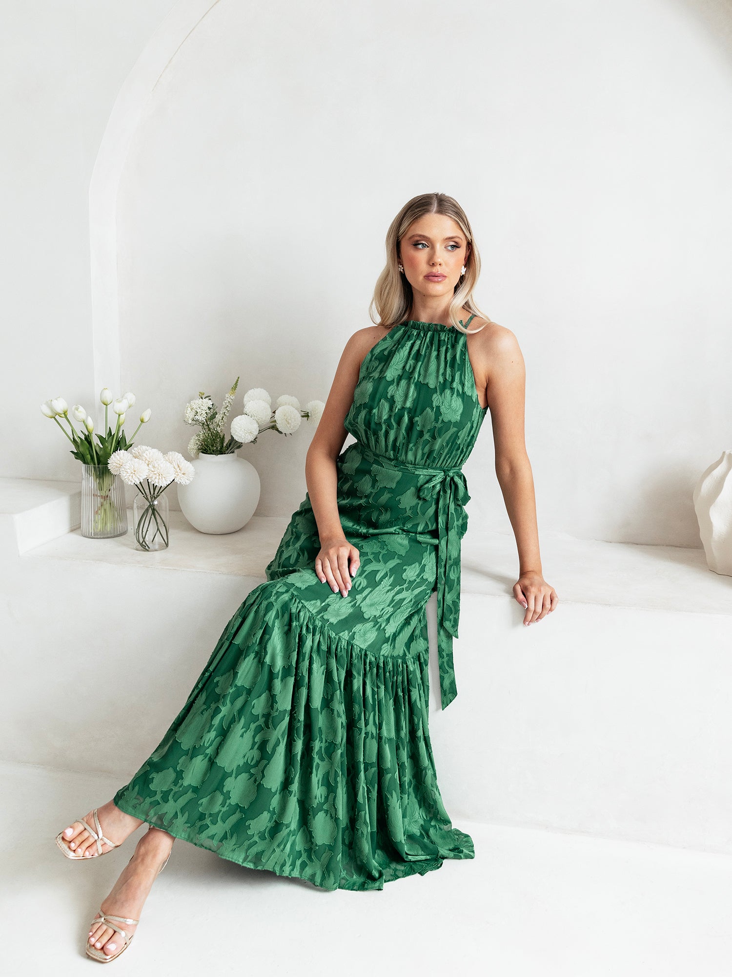 Anaya With Love Recycled Alpine Green Frilled Halter Neck Maxi Dress