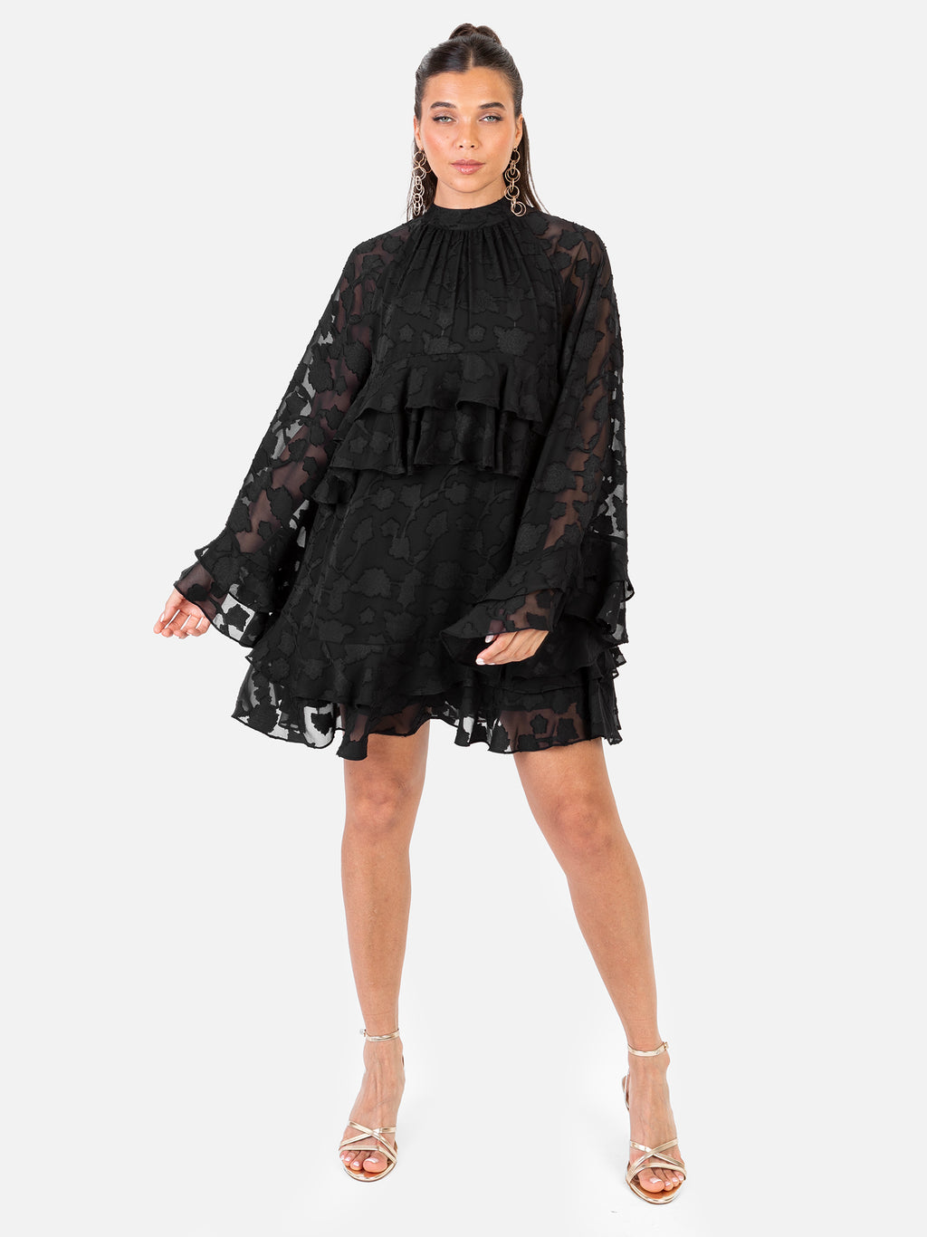 Anaya With Love Recycled Black Floral Burnout Flared Long Sleeve Shift Mini Dress