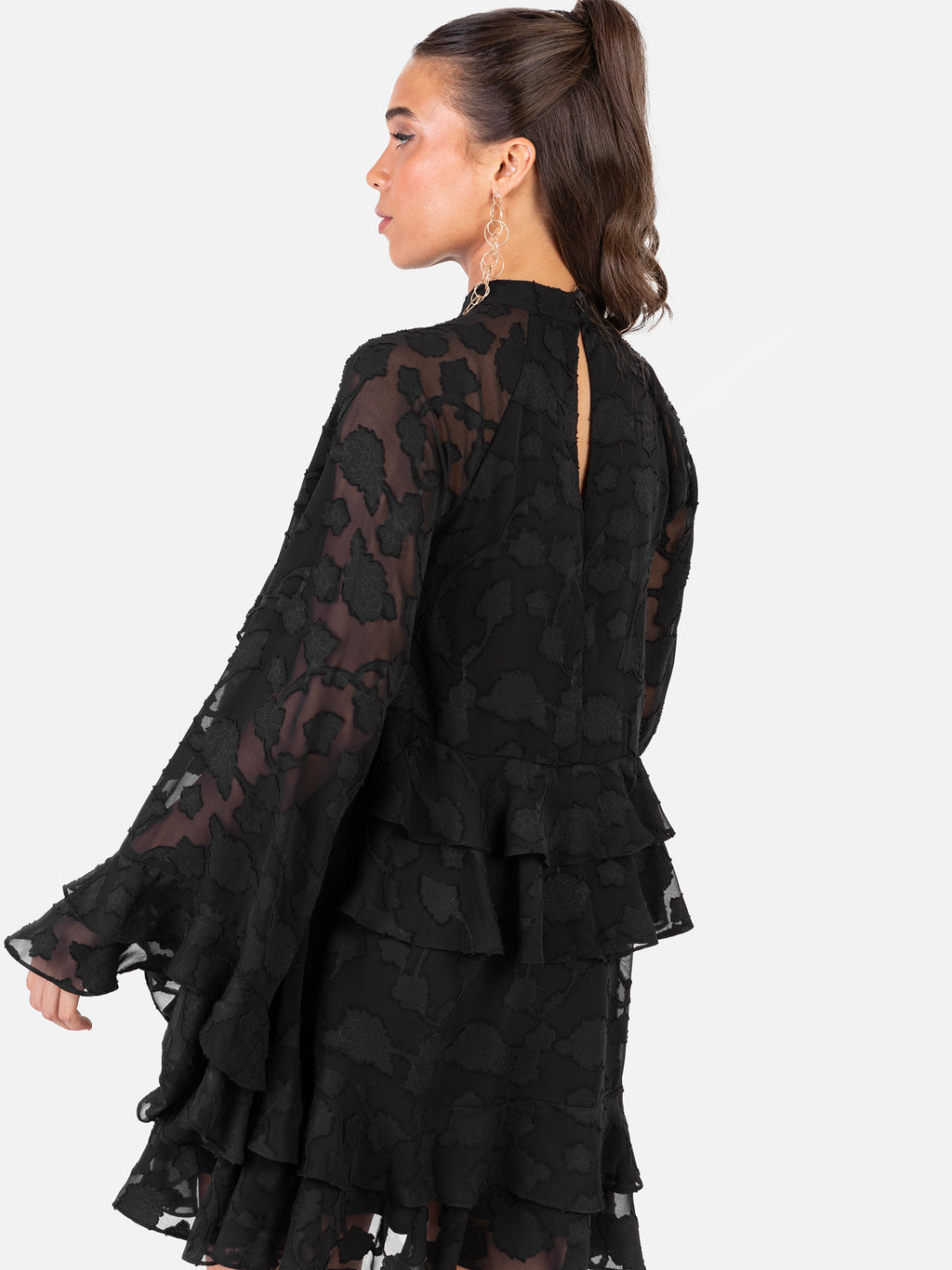 Anaya With Love Recycled Black Floral Burnout Flared Long Sleeve Shift Mini Dress