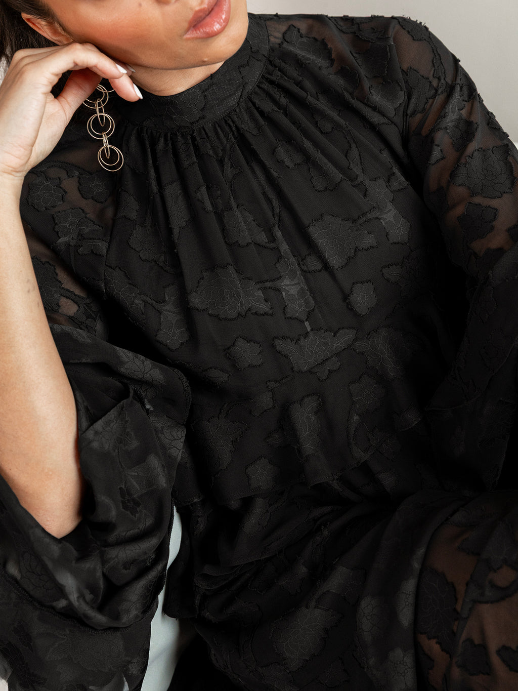 Anaya With Love Recycled Black Floral Burnout Flared Long Sleeve Shift Mini Dress