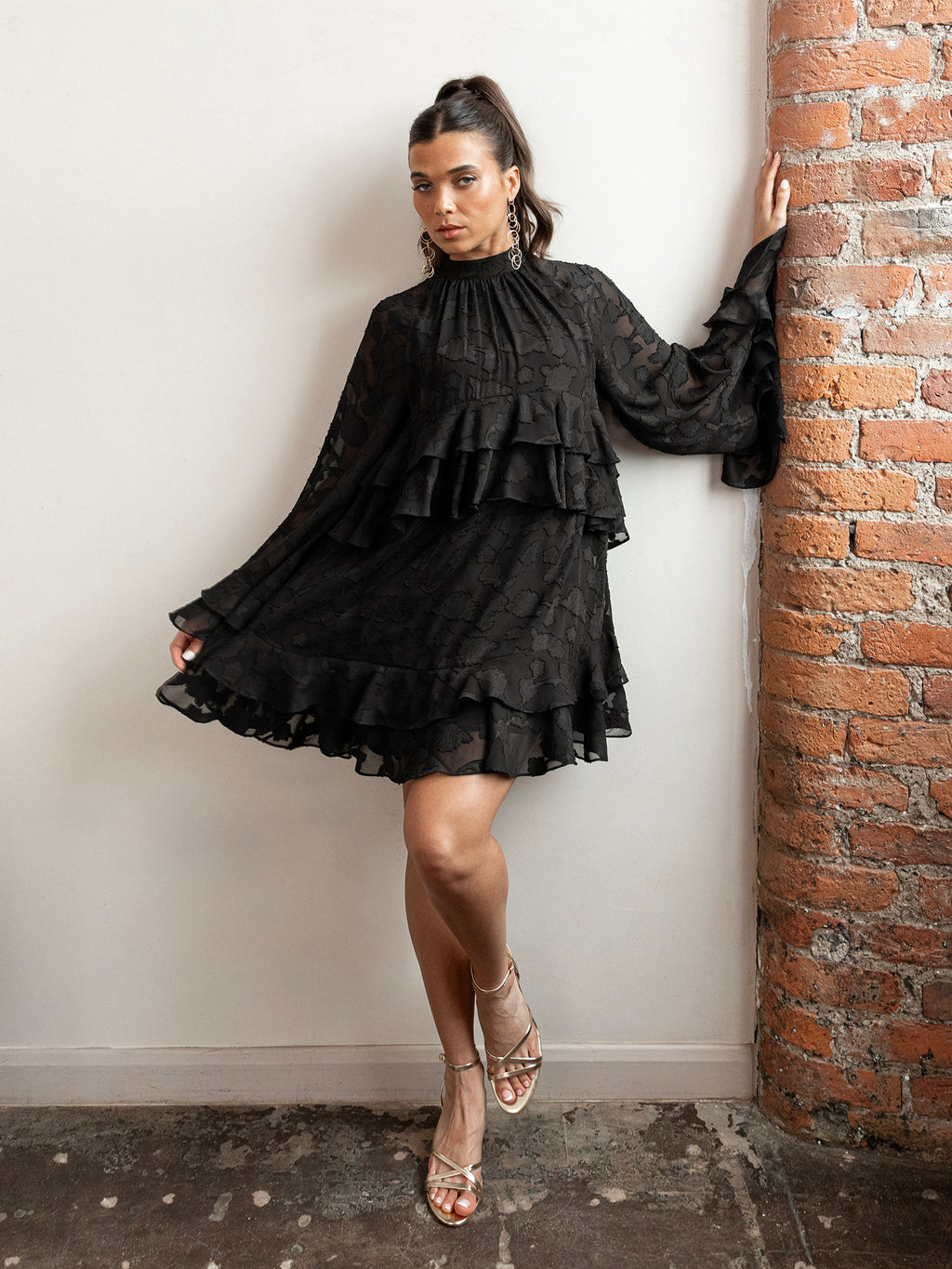 Anaya With Love Recycled Black Floral Burnout Flared Long Sleeve Shift Mini Dress