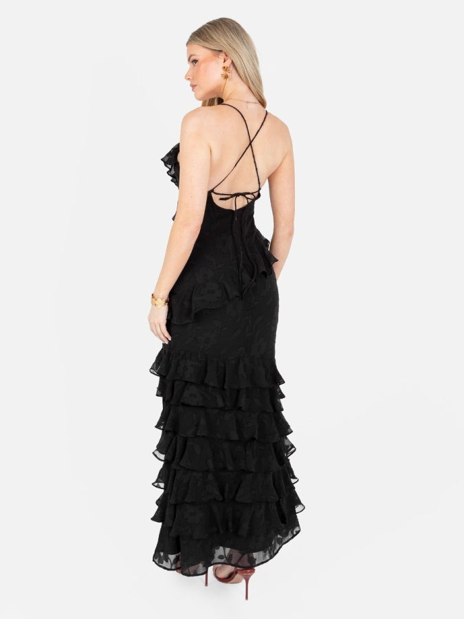 Anaya With Love Recycled Black Floral Burnout Strappy Ruffled Maxi Dress