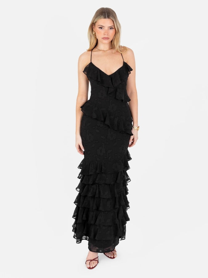 Anaya With Love Recycled Black Floral Burnout Strappy Ruffled Maxi Dress