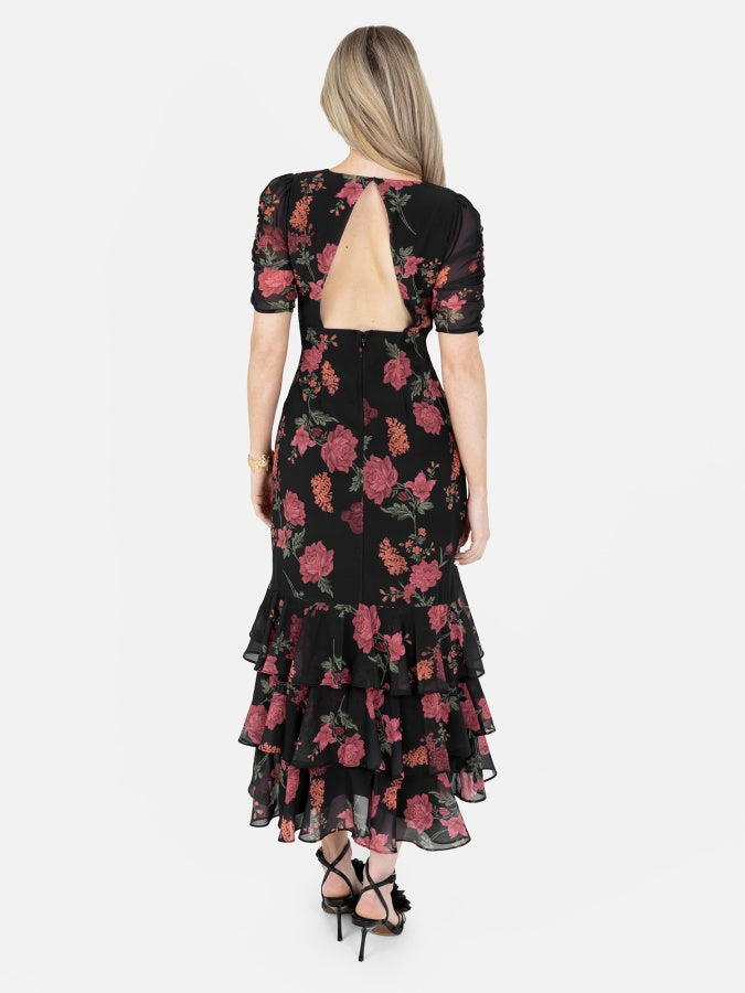 Anaya With Love Recycled Black Floral Short Ruched Sleeve & Keyhole Back Midi Dress