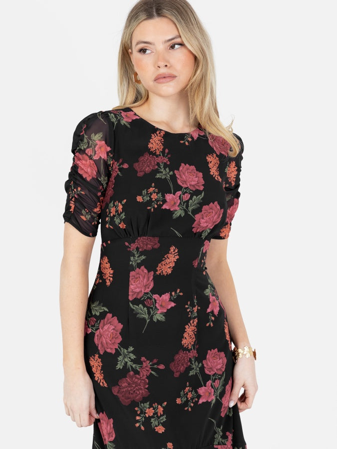 Anaya With Love Recycled Black Floral Short Ruched Sleeve & Keyhole Back Midi Dress