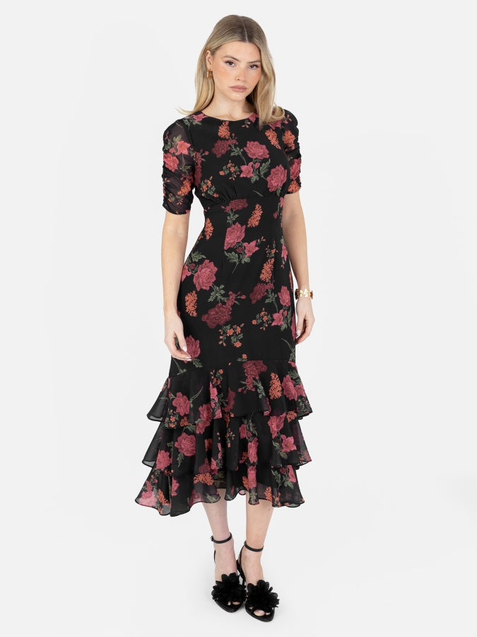 Anaya With Love Recycled Black Floral Short Ruched Sleeve & Keyhole Back Midi Dress