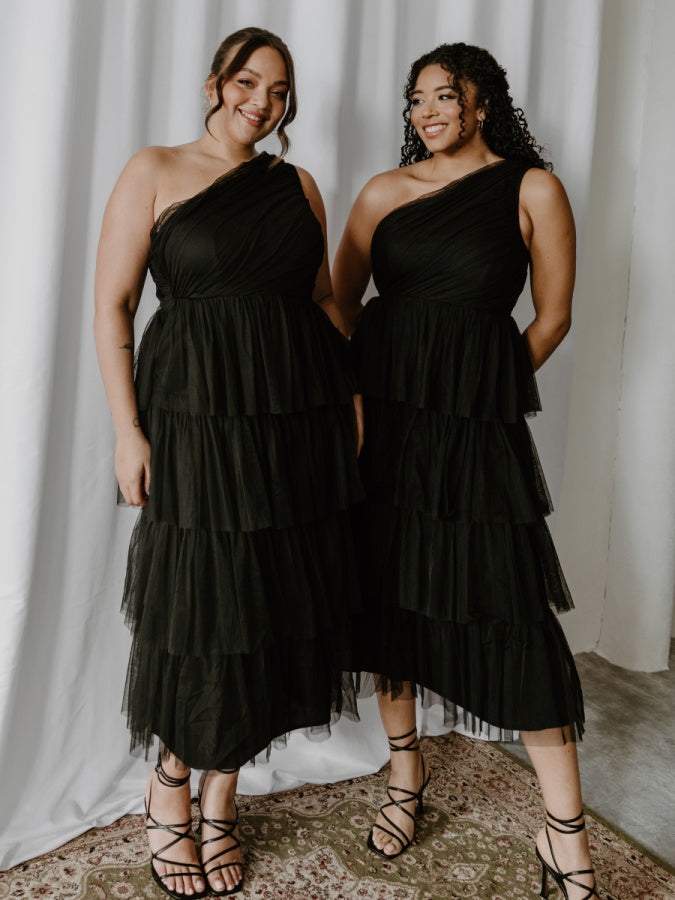Anaya With Love Recycled Black One Shoulder Tiered Midi Dress