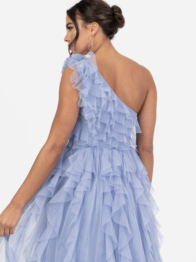 Anaya With Love Recycled Hyacinth Blue Waterfall One Shoulder Maxi Dress