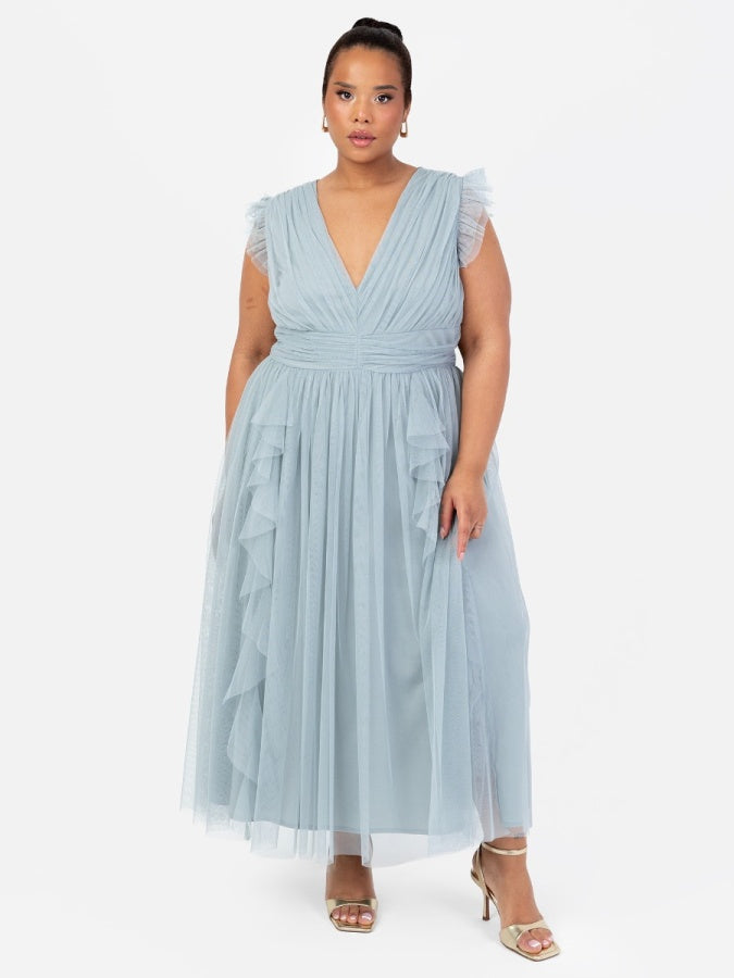 Anaya With Love Recycled Cloud Blue V Neck Midaxi Dress with Waterfall Ruffle Detail