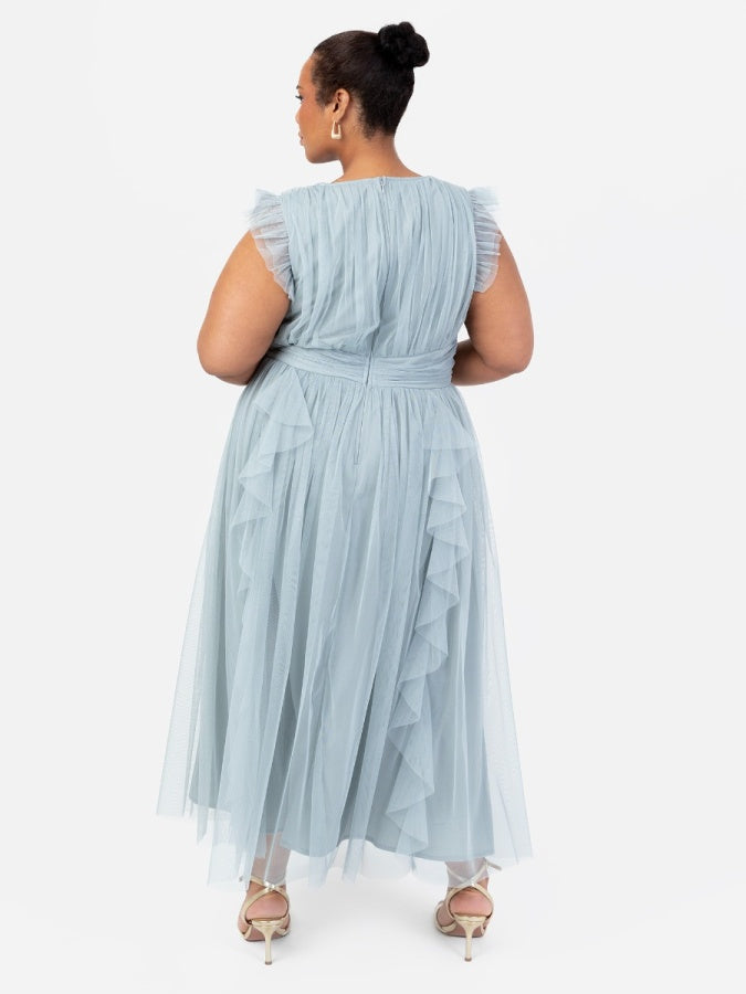 Anaya With Love Recycled Cloud Blue V Neck Midaxi Dress with Waterfall Ruffle Detail