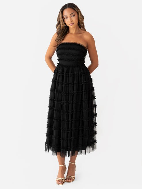 Anaya With Love Black Bandeau Ruffle Midi Dress