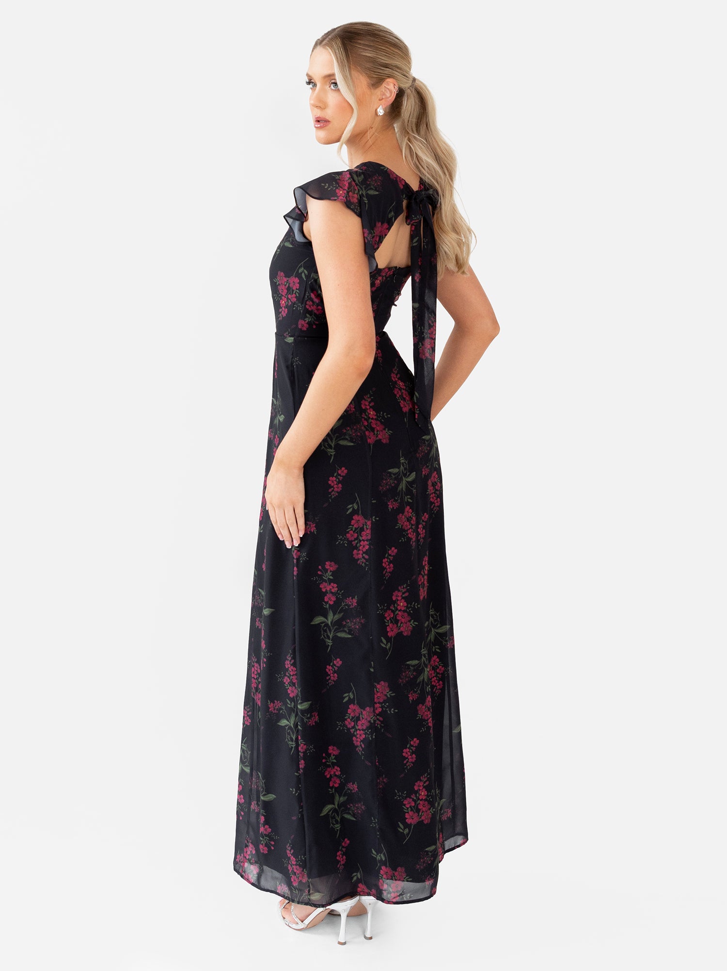 Anaya With Love Black Floral Flutter Sleeve Maxi Dress with Self-Tie Back