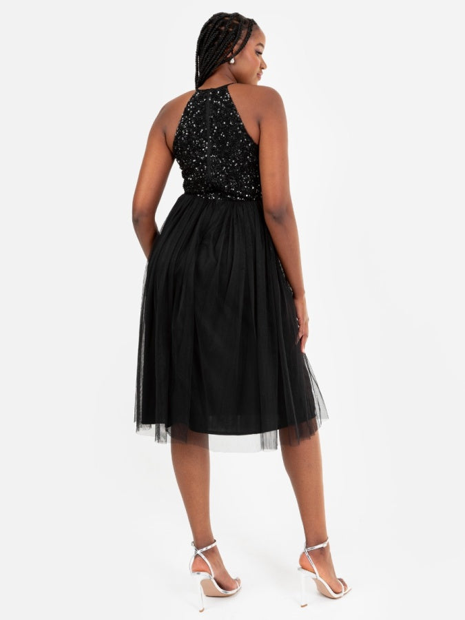 Maya Black Embellished Halter Neck Midi Dress