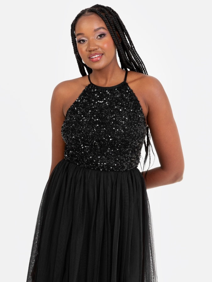 Maya Black Embellished Halter Neck Midi Dress