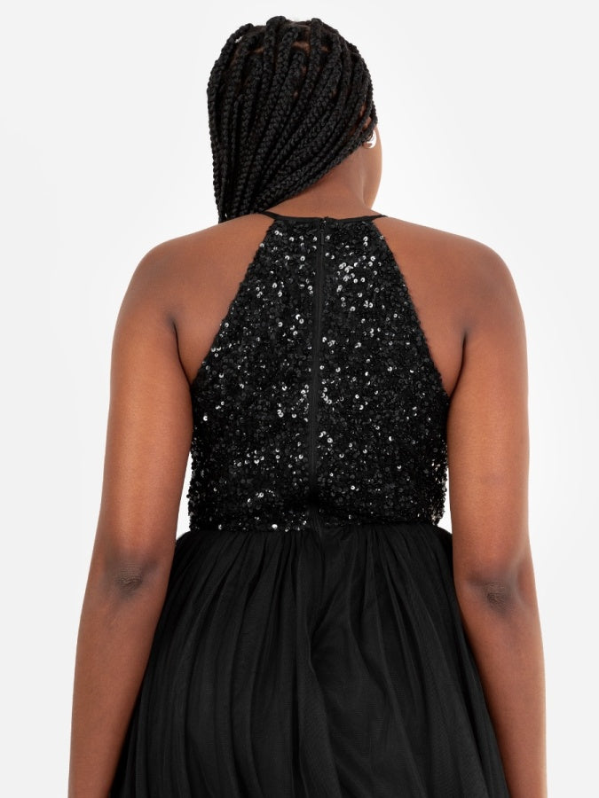 Maya Black Embellished Halter Neck Midi Dress